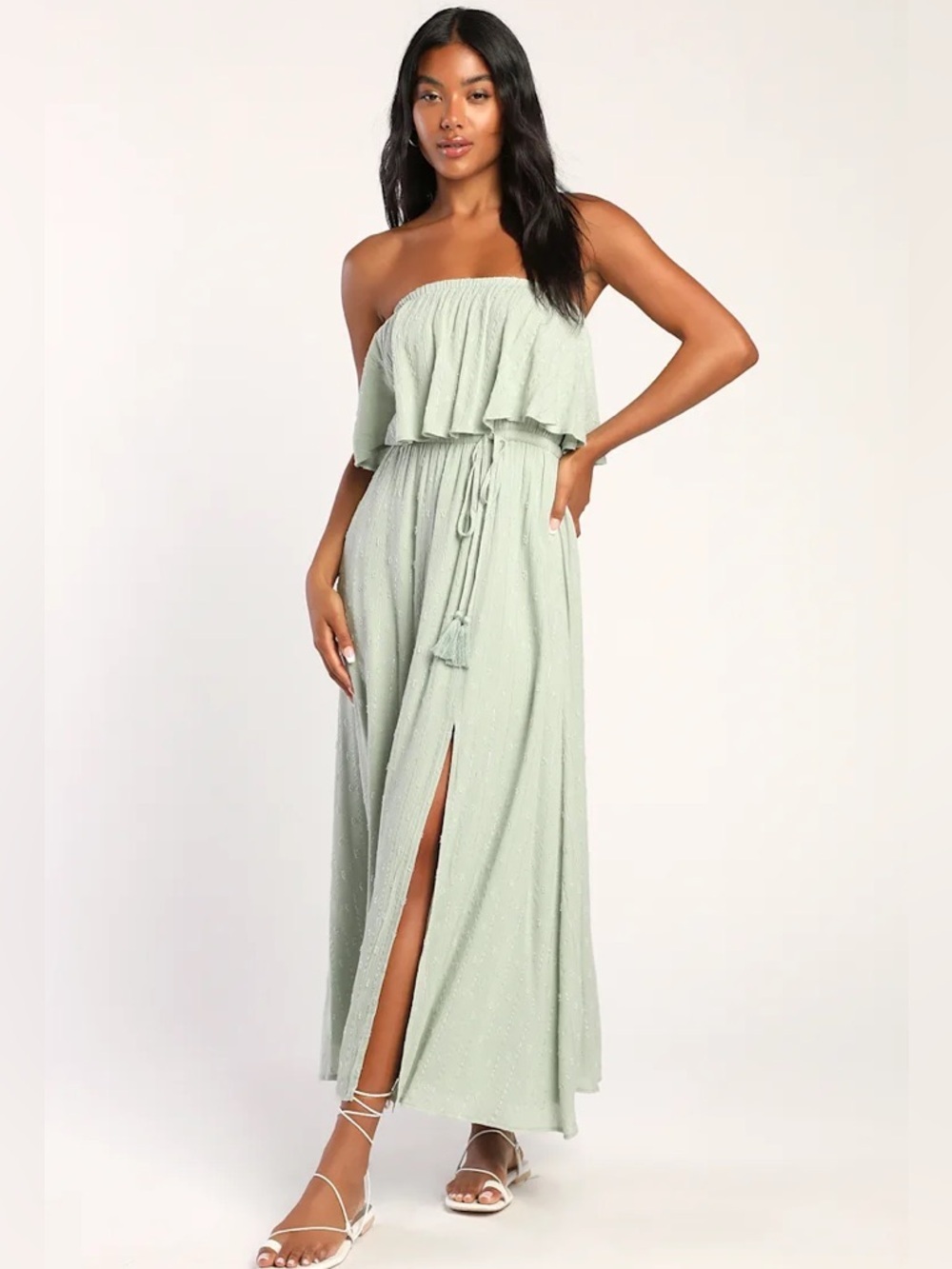 NWT Lulus Sage Green Strapless Maxi Dress Lurex Slit Medium